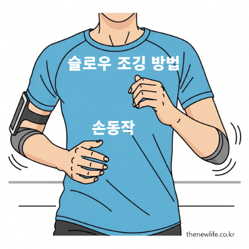 슬로우 조깅 손동작 – 팔꿈치 90도 각도 유지, 자연스러운 앞뒤 움직임, 어깨 긴장 완화