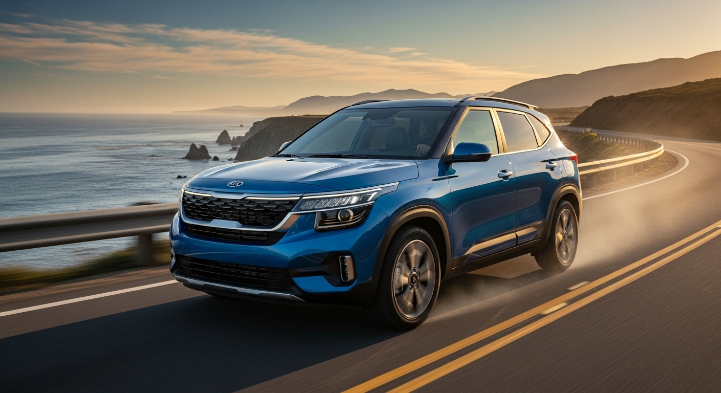 세련된 디자인의 기아 셀토스가 경쾌하게 도로를 달리는 모습, 20대의 감각적인 SUV를 상징합니다.