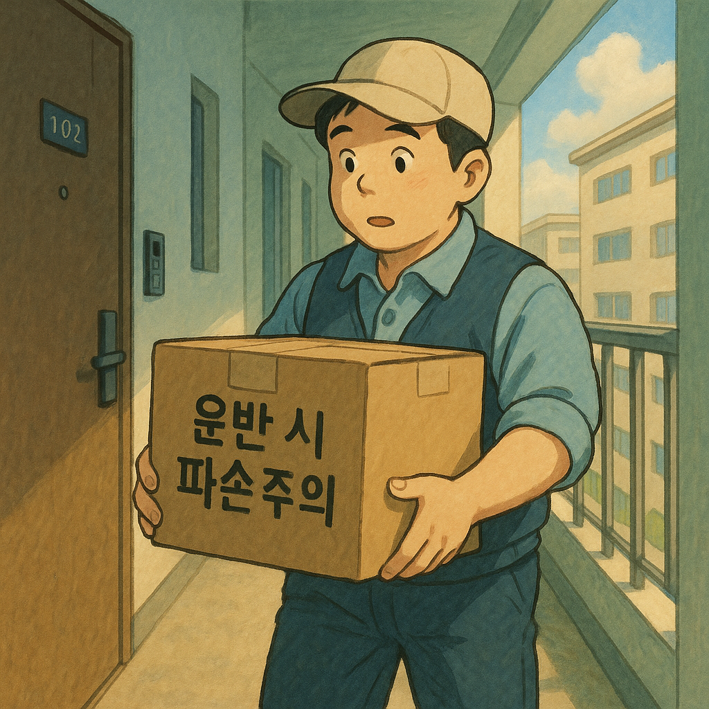 “택배기사가 가벼운 금고 박스를 들어보는 장면 – 쉽게 옮겨질 수 있는 위험”