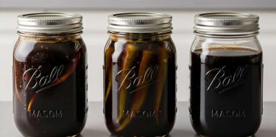 마늘,고추,양파 간장 장아찌 3종이 투명병에 담겨져 있는 이미지