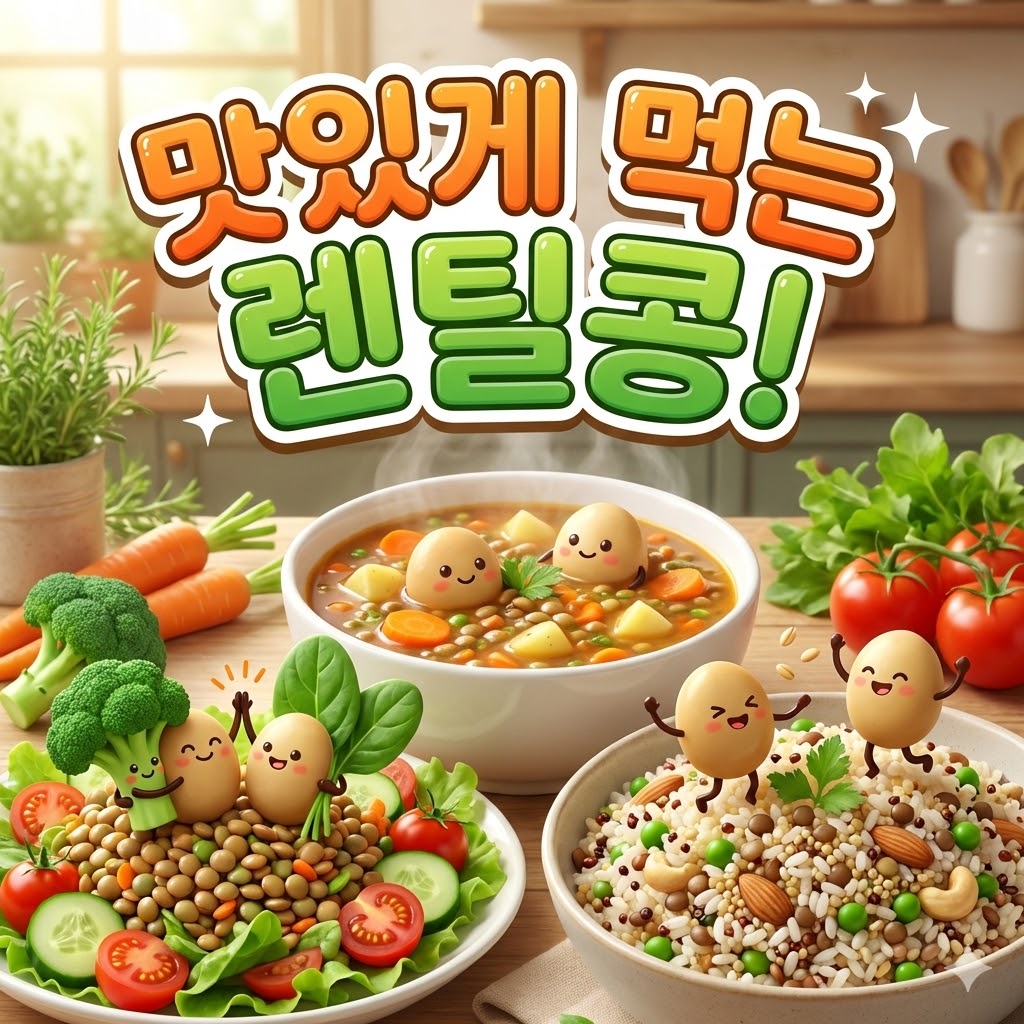 맛있고 건강한 렌틸콩 요리가 다양하게 차려진 식탁, 렌틸콩 캐릭터들이 즐거워하는 모습.