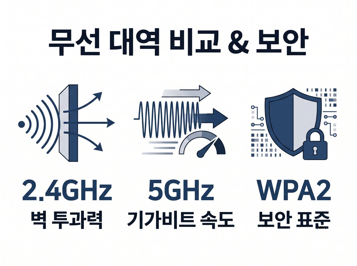 무선 대역 비교 2.4GHz 벽 투과력 5GHz 기가비트 속도 WPA2 보안 표준