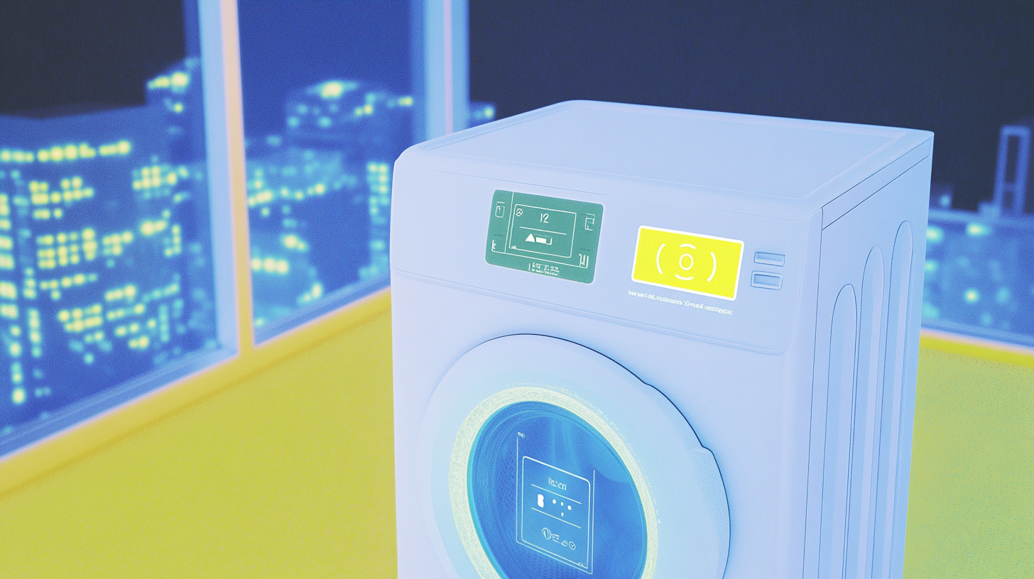 스마트 홈 시스템과 연동되어 스마트폰으로 조작 가능한 고급형 삼성 세탁기의 기술적 이미지