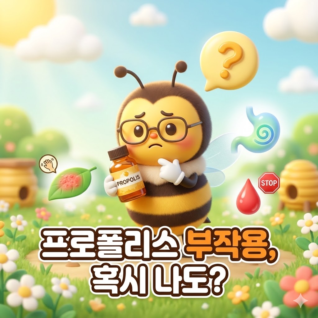 프로폴리스 병을 들고 고민하는 귀여운 꿀벌 캐릭터, 알레르기 피부 발진, 소화 불량, 혈액 응고 주의를 은유적으로 표현한 3D 카툰 일러스트.