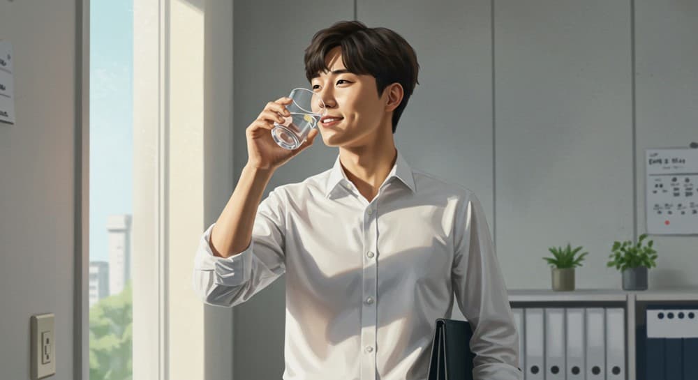 점심 후 수분 섭취로 오후 멍함을 줄이는 모습