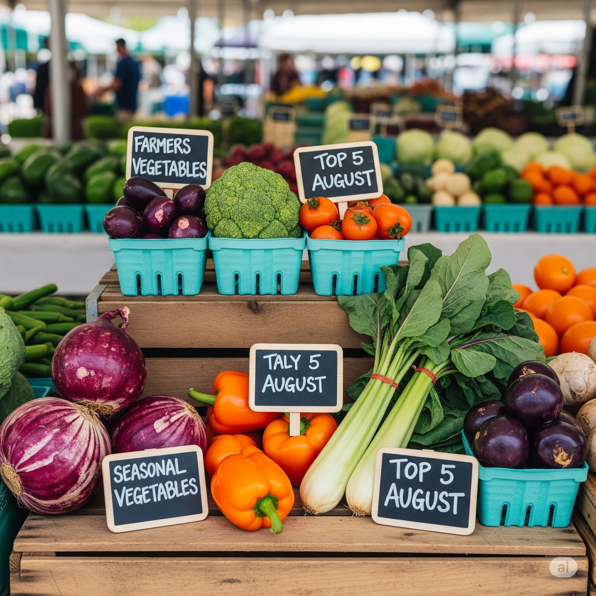 활기찬 시장 분위기 속에서 나무 상자 위에 진열된 8월 제철 채소들. 브로콜리, 주황색 파프리카, 싱싱한 대파, 당근, 보라색 양파 등 다양한 채소들이 놓여 있으며, 몇몇 채소 옆에는 '8월의 제철 채소'라고 쓰인 작은 칠판이 함께 보인다.