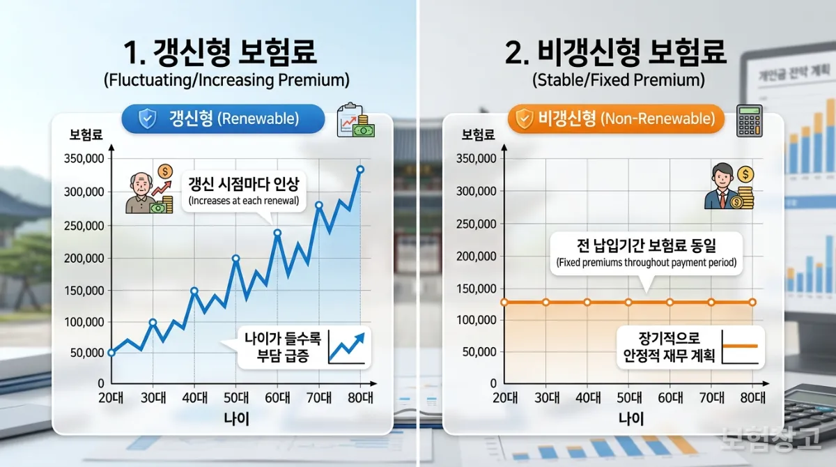 갱신형과 비갱신형 암보험료 그래프 비교