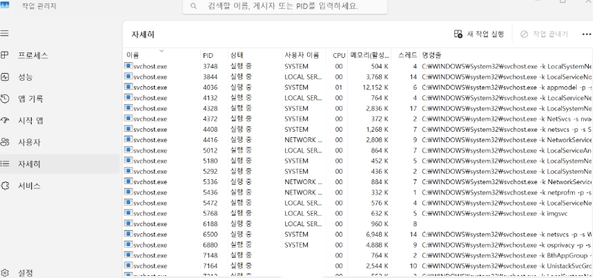 Windows 작업관리자 예시 화면