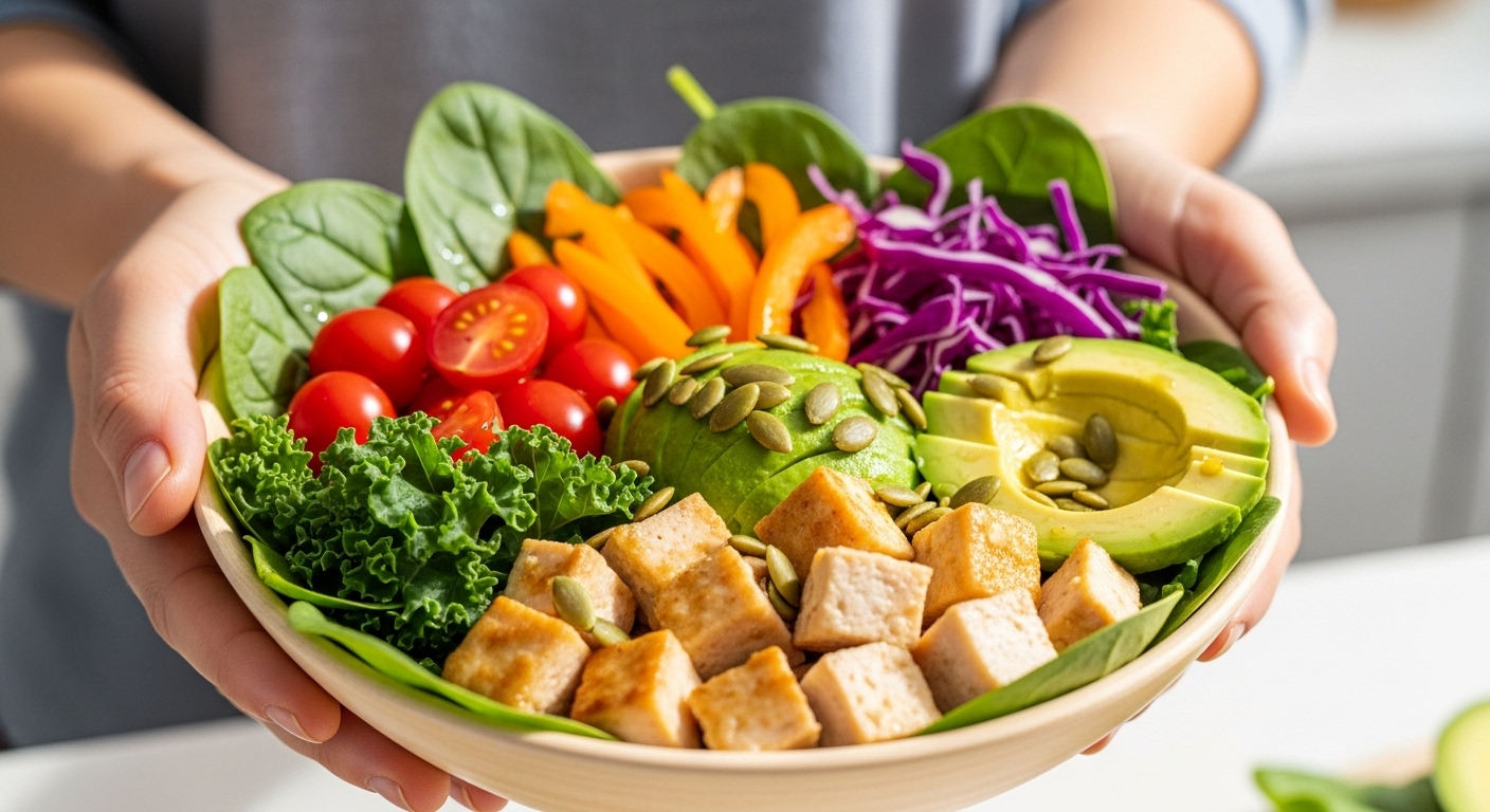 다양한 채소와 과일, 단백질이 풍부하게 담긴 신선한 샐러드 볼. 액티브 시니어를 위한 건강한 식단을 보여줍니다.