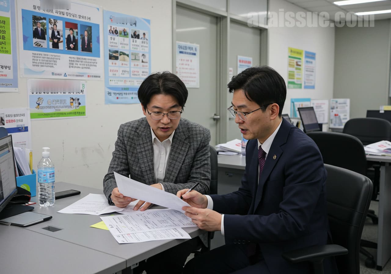 정부 고용센터에서 구직자가 상담사와 함께 구직활동계획서를 작성하는 장면