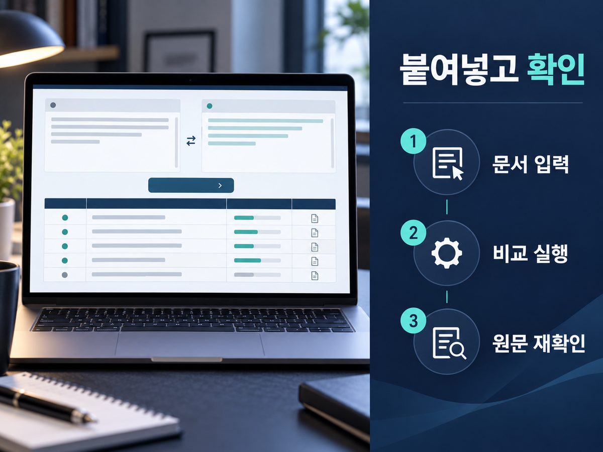 문서 입력부터 비교 실행과 원문 재확인까지의 단일 HTML 사용 순서