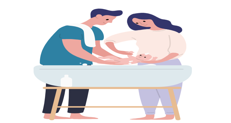 아기를 목욕시키는 엄마 아빠