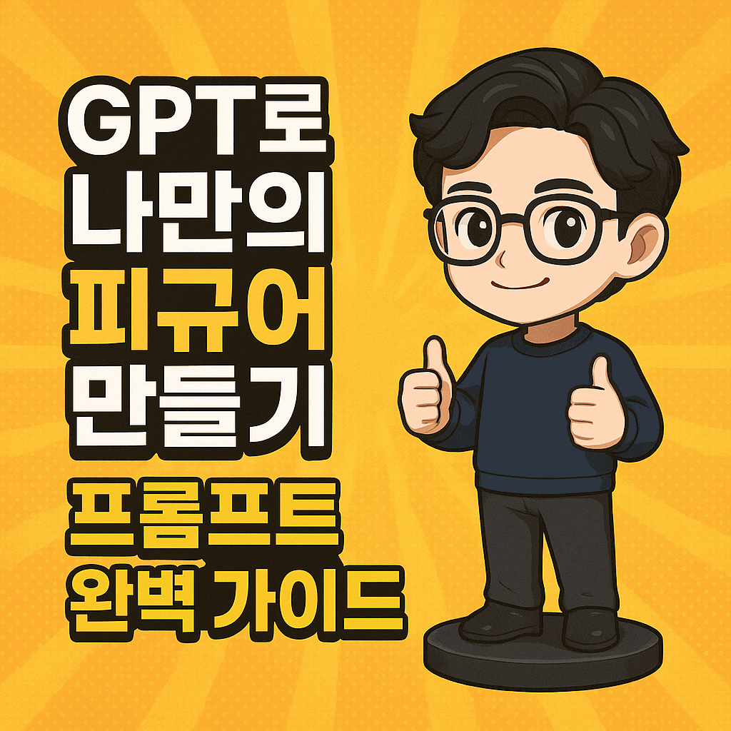 "GPT로 나만의 피규어 만들기 프롬프트 완벽 가이드"라는 문구와 함께, 검은 옷을 입은 안경 쓴 남성 캐릭터 피규어가 엄지를 들고 있는 일러스트