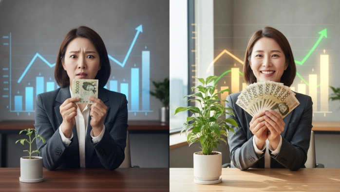 한국과 베트남 금리 적용 시 투자 수익률의 극명한 차이를 보여주는 비교 이미지. 낮은 수익률에 실망한 모습과 고수익에 만족하는 한국인의 모습을 대비하여 보여줍니다.