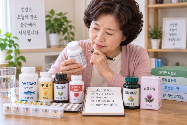 여러 건강기능식품의 성분과 중복 섭취 여부를 확인하는 모습