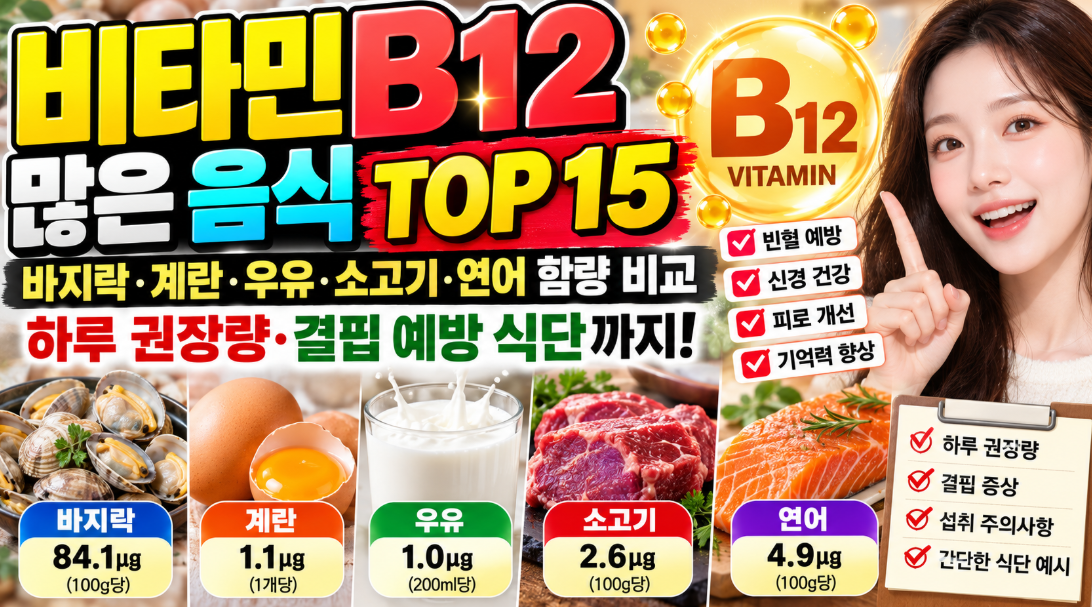 비타민B12 많은 음식 TOP 15｜바지락&middot;계란&middot;우유&middot;소고기&middot;연어 함량 비교&middot;하루 권장량&middot;결핍 예방 식단