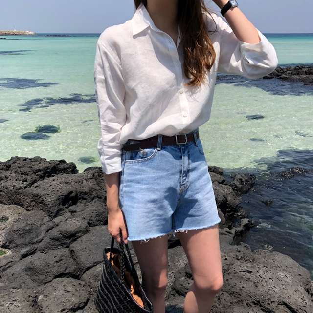 하이웨스트진 찢어진 세미와이드 여성여름청바지 데님팬츠 여자 청 반바지 4부 찢청 연청바지