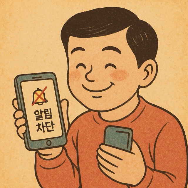 쇼핑앱 알림을 차단한 스마트폰을 보며 안심하는 주인공