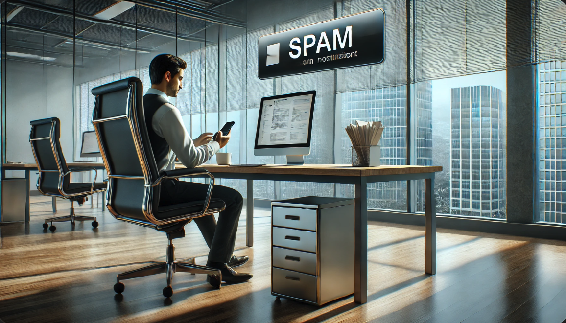 현대적인 사무실에서 아이폰으로 스팸 알림을 검토하는 사람