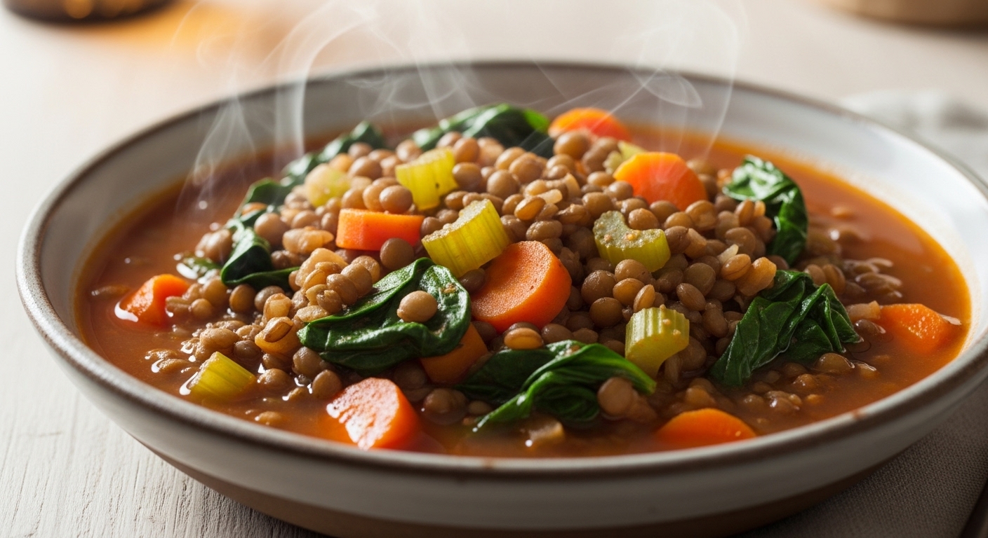 따뜻하고 영양 가득한 렌틸콩 채소 스튜 한 그릇.