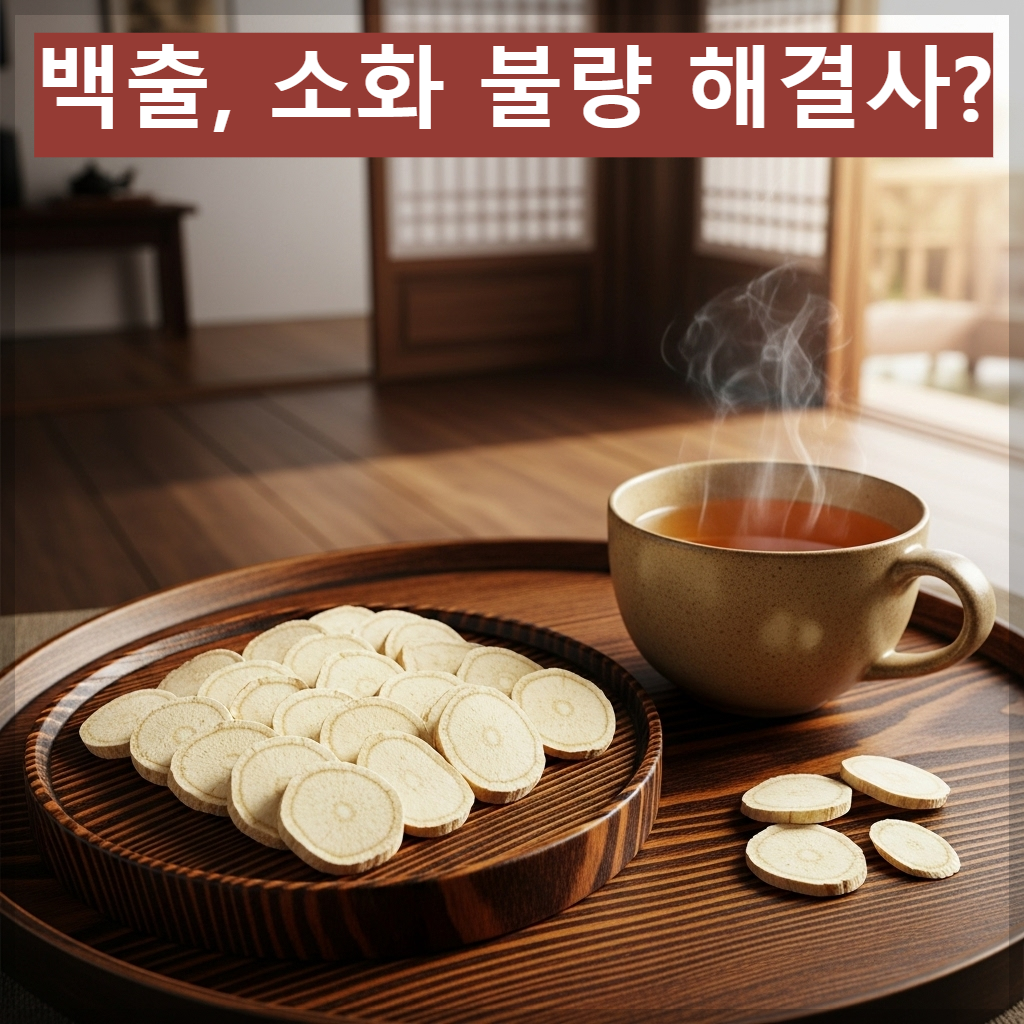 한국 전통 약재실 배경에서 정갈하게 손질된 황갈색 백출 조각들과 김이 모락모락 나는 따뜻한 약차 한 잔의 조화로운 모습