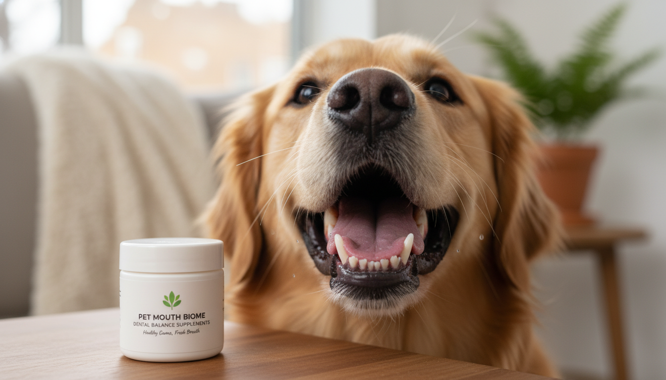 건강하고 깨끗한 치아를 뽐내는 강아지와 구강 환경을 개선하는 펫바이옴 영양제