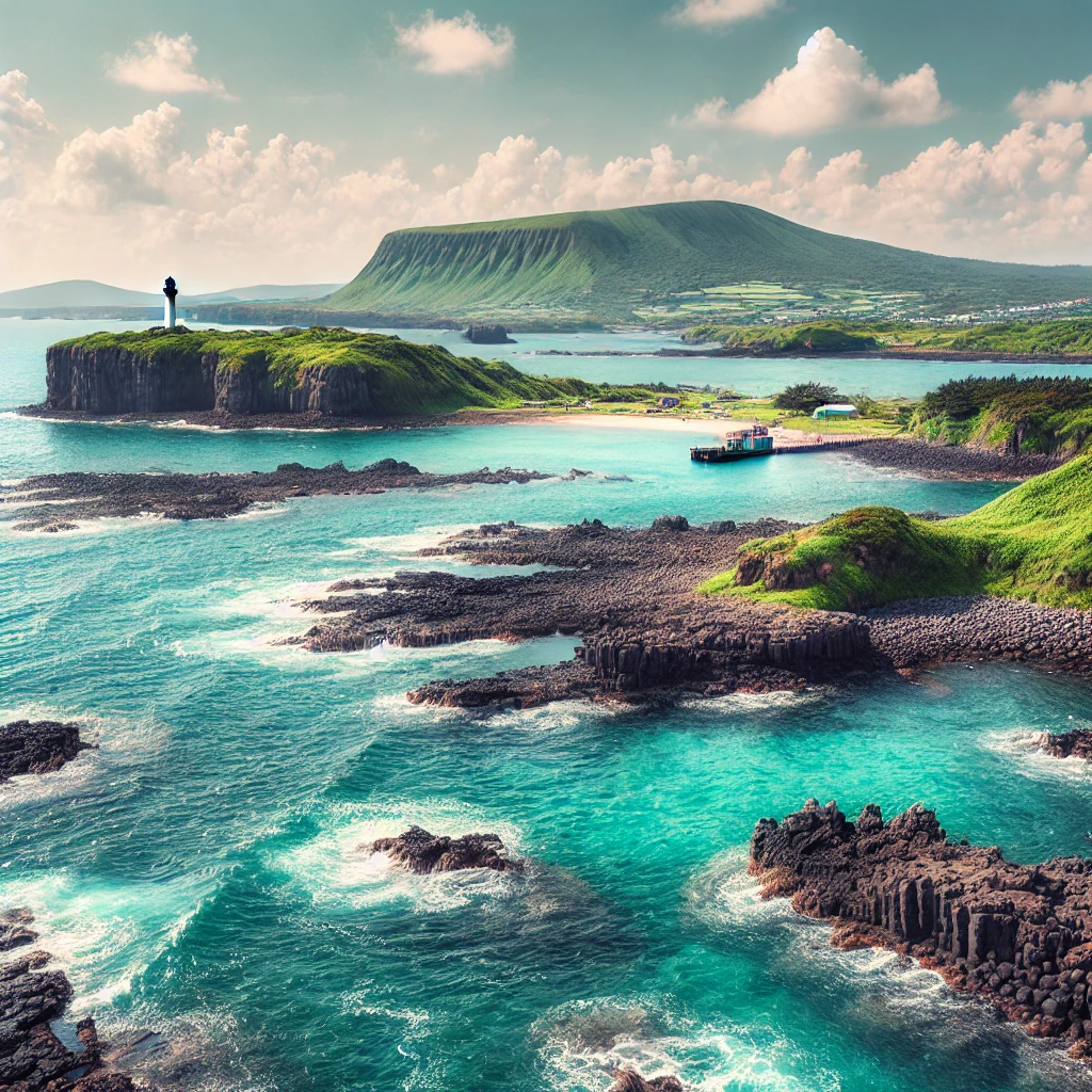 제주도 우도의 해안선과 푸른 바다, 멀리 보이는 등대와 자연 경관