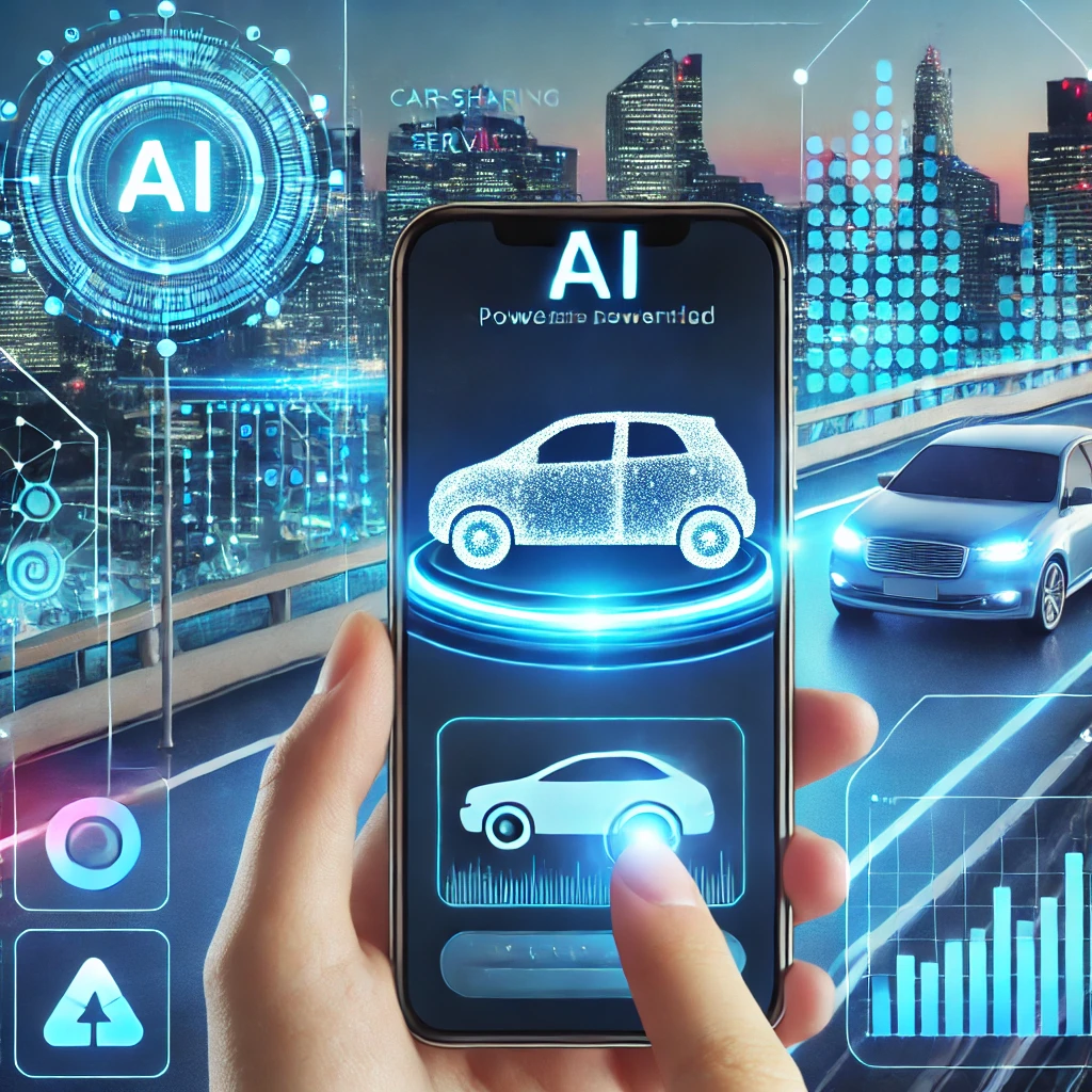 AI 기술로 구동되는 차량 공유 서비스를 개념적으로 표현한 장면. 스마트폰 인터페이스가 사용자 데이터를 분석하여 맞춤형 차량 옵션을 추천하며, 배경에는 스마트 도시 요소와 디지털 데이터 시각화가 포함됨