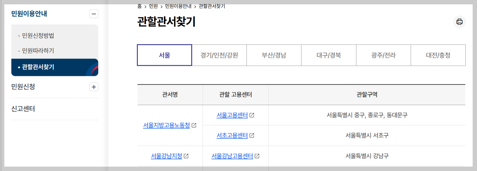 고용노동부 관할관서