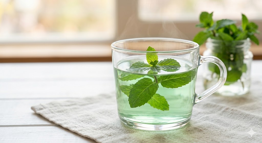 "투명한 유리 머그잔에 맑은 연둣빛 박하차가 담겨 있고, 싱싱한 페퍼민트 잎 한 줄기가 떠 있다. 따뜻한 김이 한 가닥 피어오르며 상쾌한 느낌을 준다. 자연광 아래 밝고 깨끗한 분위기."