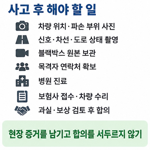 현장사진 블랙박스 목격자 병원진료 차량수리 과실비율 보상 합의까지 교통사고 후속 절차를 정리한 이미지