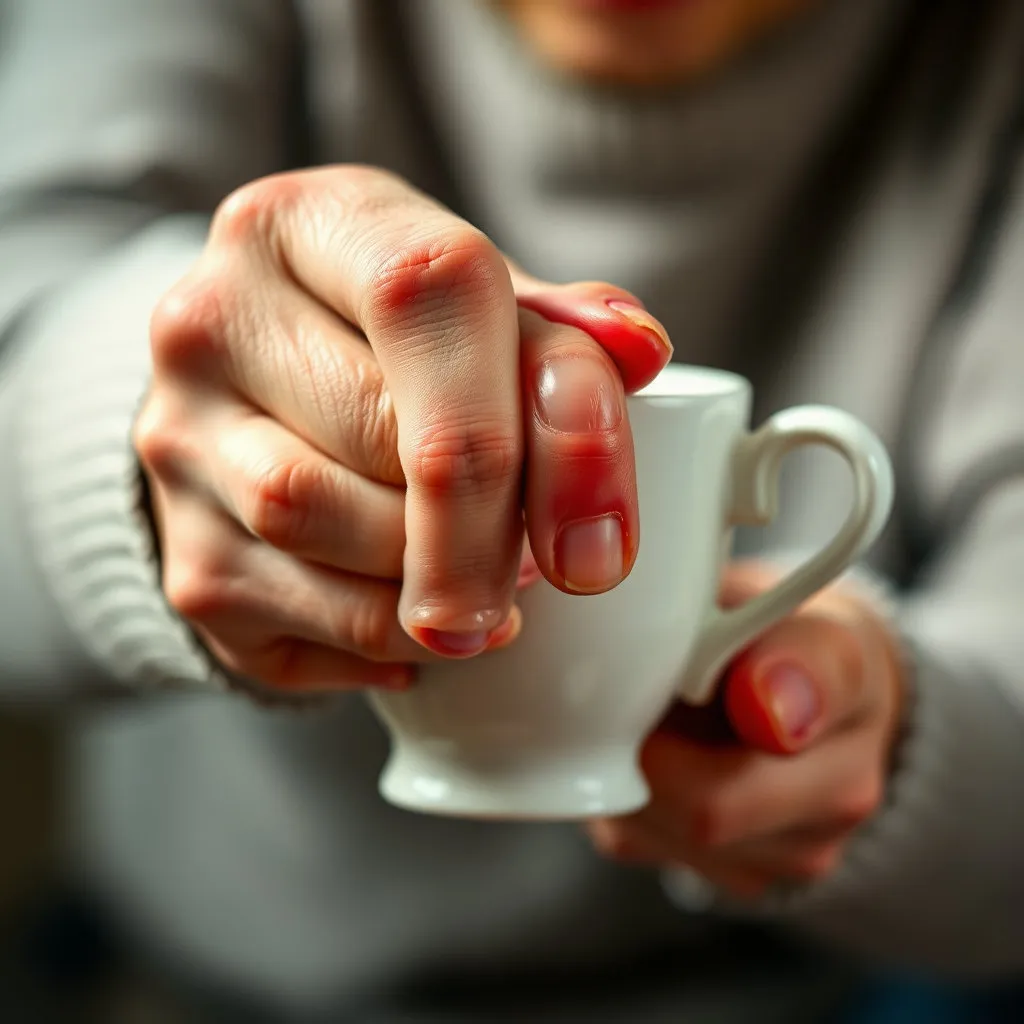 붓고 붉어진 손가락으로 찻잔을 들거나 연필을 쥐는 등 일상적인 동작을 힘겹게 하는 클로즈업 된 손. 배경은 흐릿하게 처리되어 환자의 고통에 집중하게 합니다.