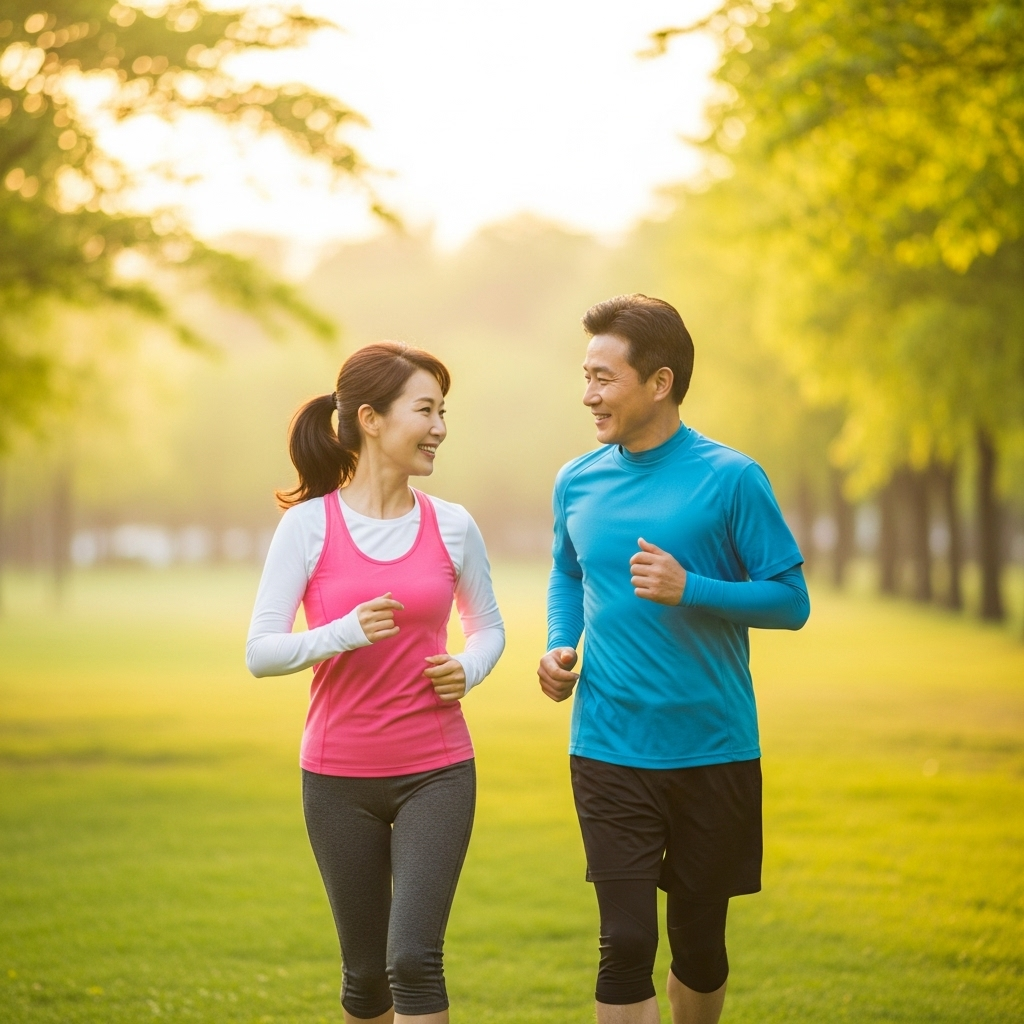 [이미지 4: 한 한국인 부부가 공원에서 함께 밝게 웃으며 조깅하는 희망적이고 건강한 모습]