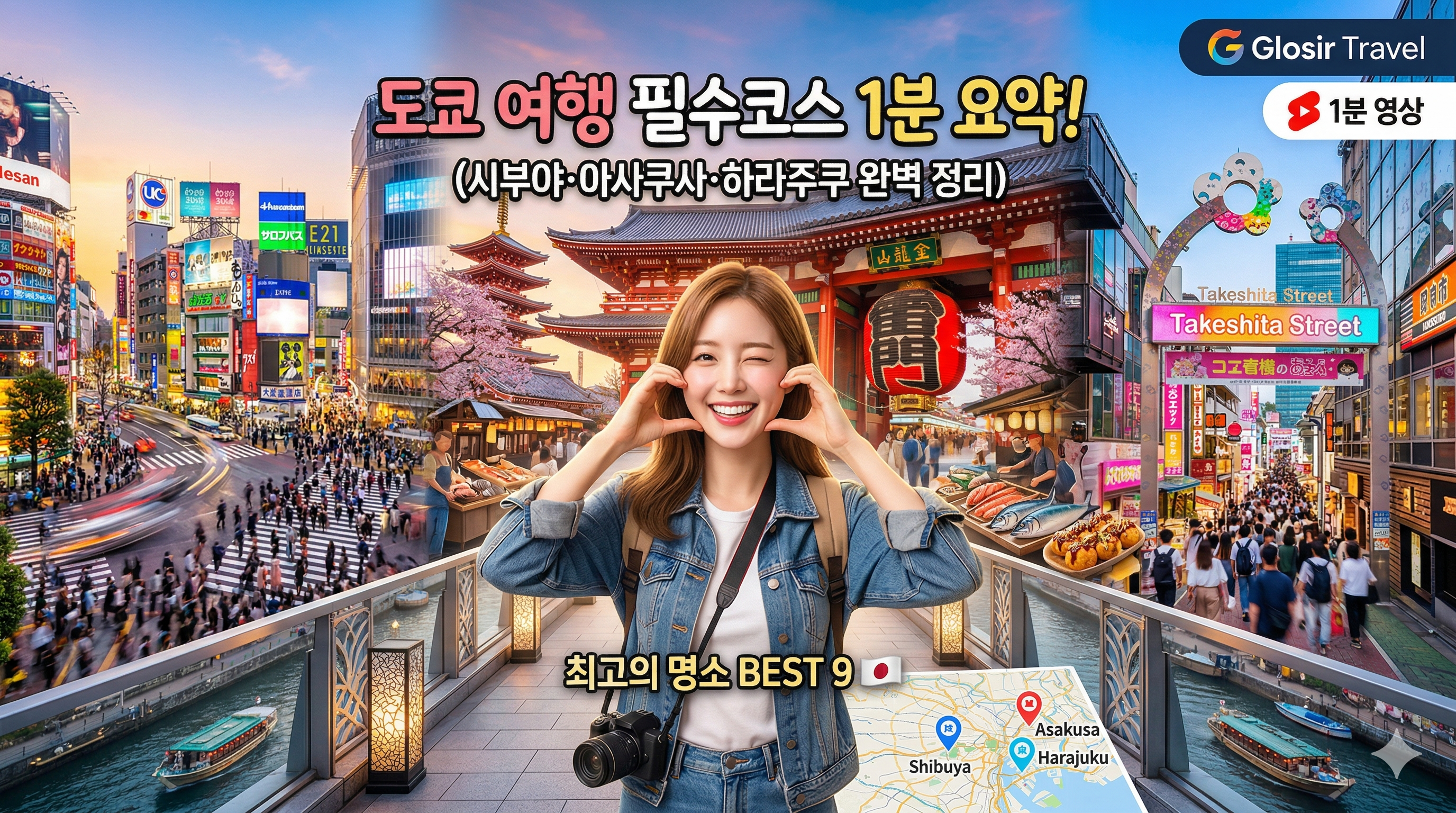 세 개의 도쿄 핵심 명소가 역동적으로 합성된 메인 커버 이미지. 중앙에는 카메라를 목에 걸고 팔을 벌려 환영하는 포즈를 취한 한국인 여성 여행자가 서 있다. 그녀의 뒤로 왼쪽에는 시부야 스크램블 교차로와 화려한 전광판이, 중앙-오른쪽에는 아사쿠사 센소지의 거대한 붉은 제등과 벚꽃이, 하단에는 하라주쿠 다케시타 거리의 통통 튀는 매장 간판들과 크레페 가게가 보인다. 상단에는 '도쿄 여행 필수 코스 1분 요약!', 하단에는 '최고의 명소 BEST 9 🇯🇵'라는 텍스트가 있다. 우측 상단에는 'Glosir Travel' 로고와 'YouTube Shorts' 1분 영상 아이콘이 있다.