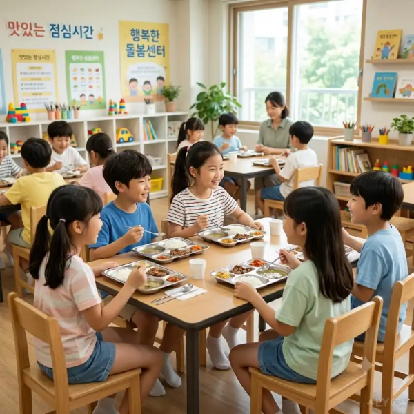 돌봄센터에서 점심을 먹는 초등학생
