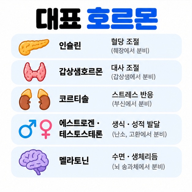 인슐린 갑상샘호르몬 코르티솔 에스트로겐 테스토스테론 멜라토닌의 대표 역할을 정리한 카드뉴스