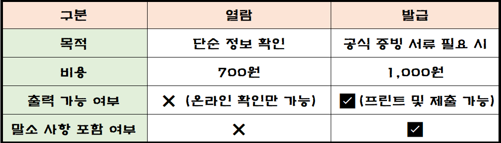 등기부등본 열람과 발급의 차이을 정리한 표