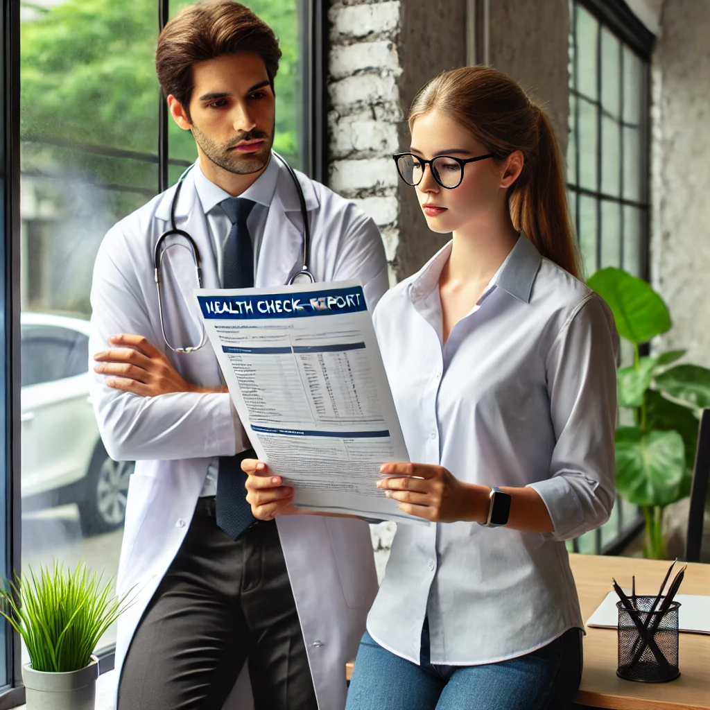 직장인이 창문 옆에 서서 건강 검진 결과 종이를 들고 걱정스러운 표정으로 보고 있는 모습, 밝은 사무실 배경.