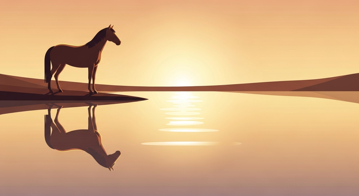 호수 앞에서 잠시 멈춰 서서 스스로를 돌아보는 말띠 캐릭터 일러스트