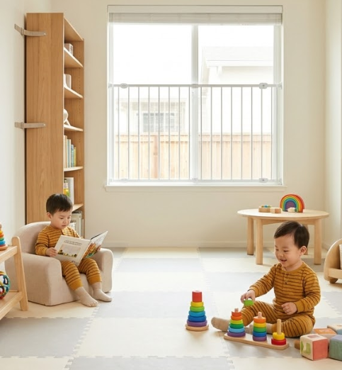 '사고를 줄이는 공간 설계 방법'에 따라 안전장치가 만들어진 놀이 공간 장면