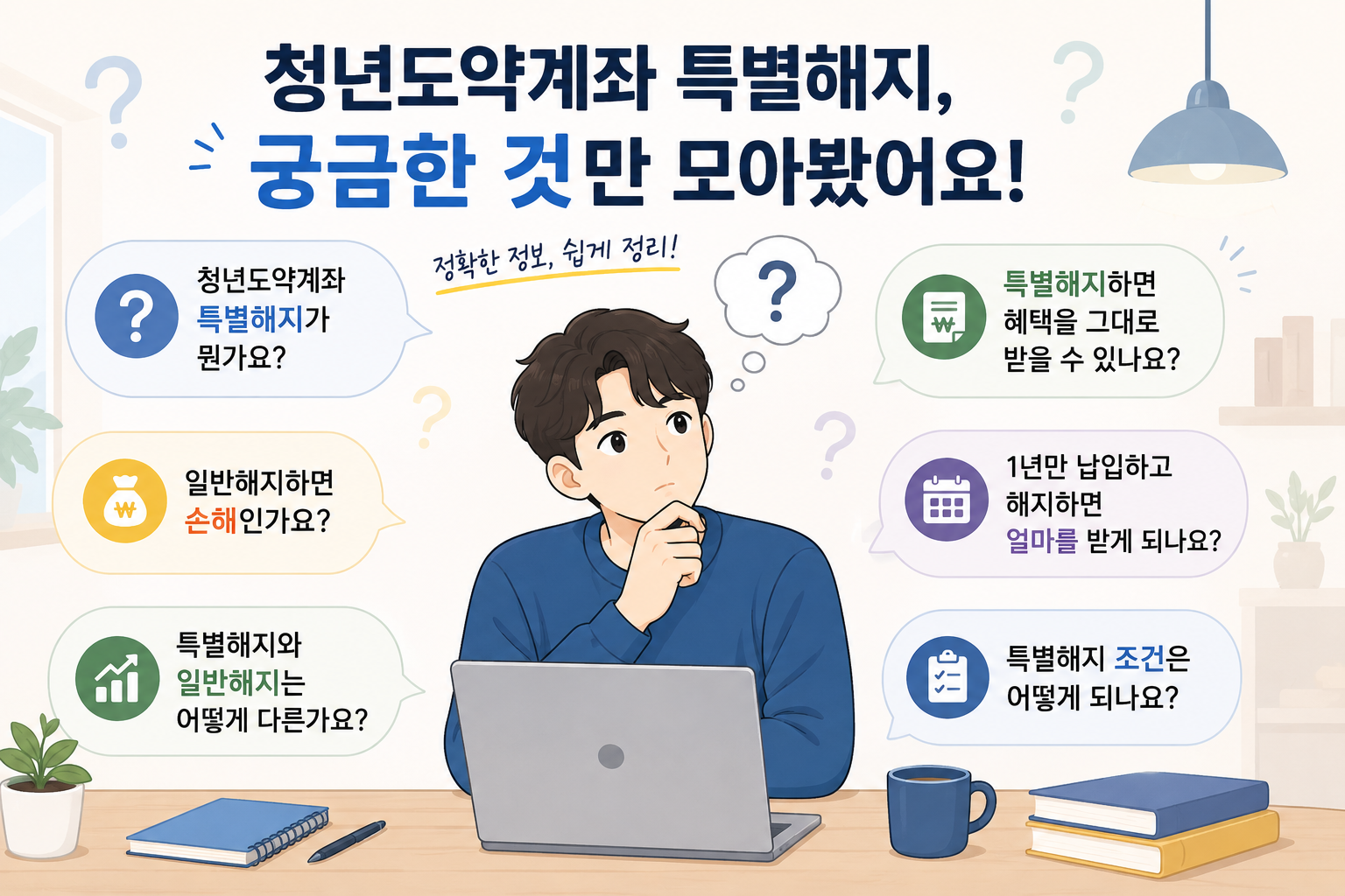 청년도약계좌 특별중도해지와 일반해지 차이, 손해 여부와 수령액에 대한 궁금증을 표현한 일러스트
