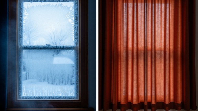 차가운 냉기를 막아주는 두꺼운 방한 커튼과 커튼이 없는 창문의 단열 효과를 비교한 이미지