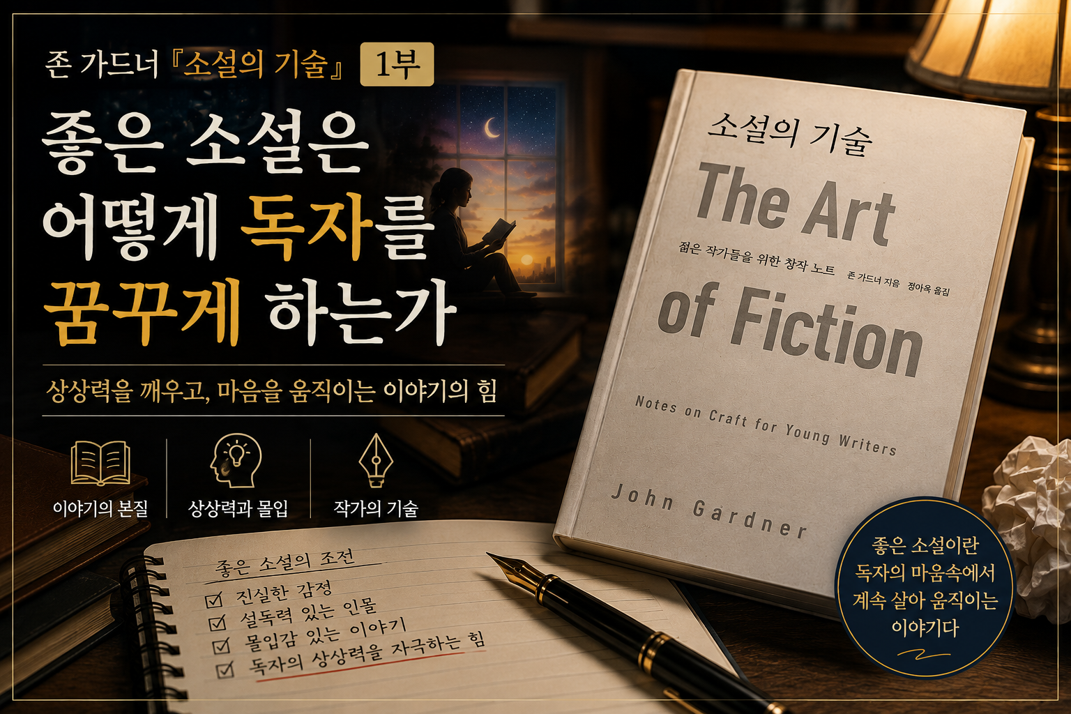 존 가드너 『소설의 기술』 1부 '좋은 소설은 어떻게 독자를 꿈꾸게 하는가'를 주제로 한 문학 리뷰 썸네일. 책 표지와 독서하는 인물, 창작 노트가 함께 배치되어 소설의 몰입과 상상력의 힘을 표현한 이미지.