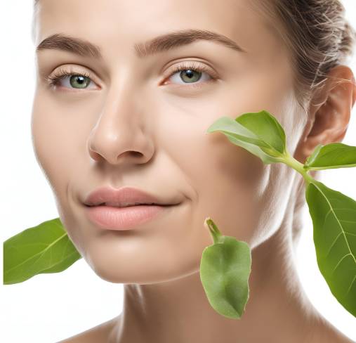 건강하고 빛나는 피부를 가진 사람과 까마중을 함께 보여주는 이미지. 까마중의 피부 건강 증진 효과를 시각화하고 있습니다.