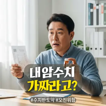 * 이미지 프롬프트: #모던 #미니멀 #깨끗한 #자연광 키워드를 반영한 디자인. 밝고 선명한 톤의 자연스러운 아날로그 필름 실사 스타일. 50대 한국인 남성이 밝은 서재 테이블에 앉아, 한 손에는 건강검진 결과지를 쥐고 다른 한 손에는 작은 알약통을 들고 심각하게 고민하며 충격을 받은 듯한 표정을 짓고 있는 모습. 자신이 알던 피 검사 수치의 비밀을 깨달은 순간의 긴장감을 연출하되, 자극적이거나 불쾌한 의료적 묘사 없이 깔끔하게 표현. 대기 중의 먼지나 시야를 흐리는 효과 없이 맑고 선명하게 인물에 집중. 글자 없는 고화질 이미지.

* 썸네일 텍스트(제목): 내 암수치 가짜라고?
* 해시태그: #수치반토막, #오진위험