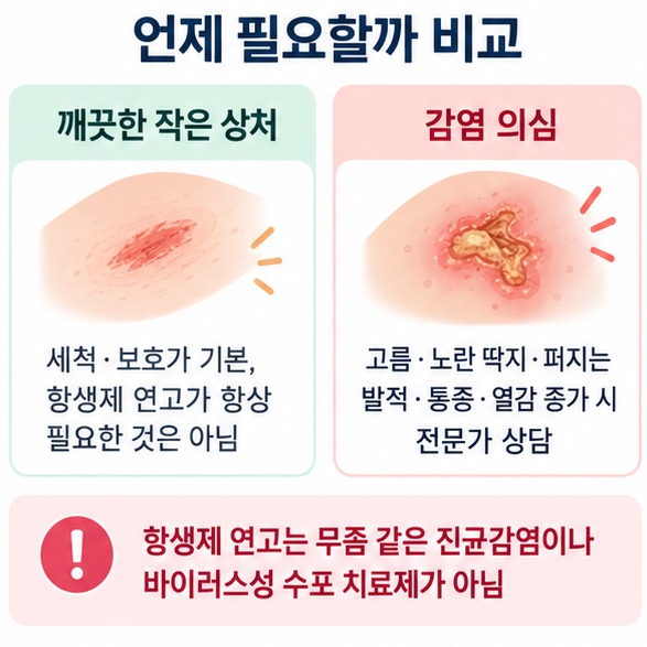 깨끗한 작은 상처와 세균 감염이 의심되는 상처에서 항생제 연고 사용 여부를 비교한 이미지