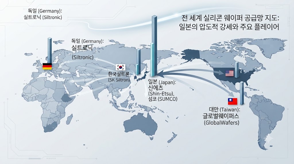 전 세계 반도체 공장에 실리콘 웨이퍼를 공급하는 핵심 기업들의 시장 점유율과 국적을 분석합니다. 일본 기업들이 최상위권을 장악한 가운데, 한국의 SK실트론이 약진하는 글로벌 웨이퍼 시장 지도를 살펴봅니다.