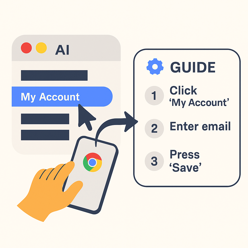 AI 크롬 확장 프로그램이 사용자의 클릭 동작을 분석하여 단계별 업무 가이드를 자동 생성하는 과정을 보여주는 일러스트
