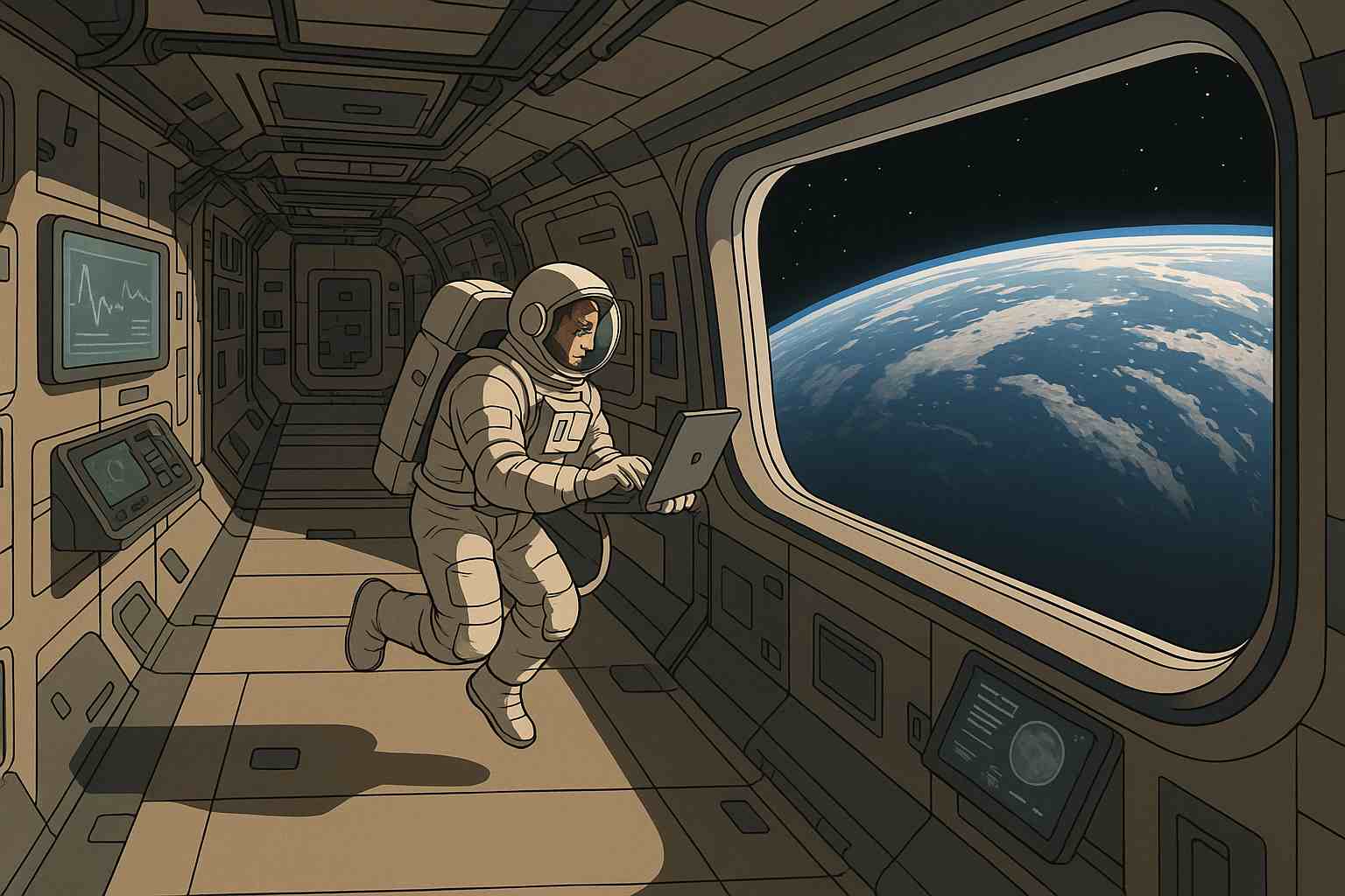 우주정거장 내부에서 지구 전경을 바라보는 우주인의 모습