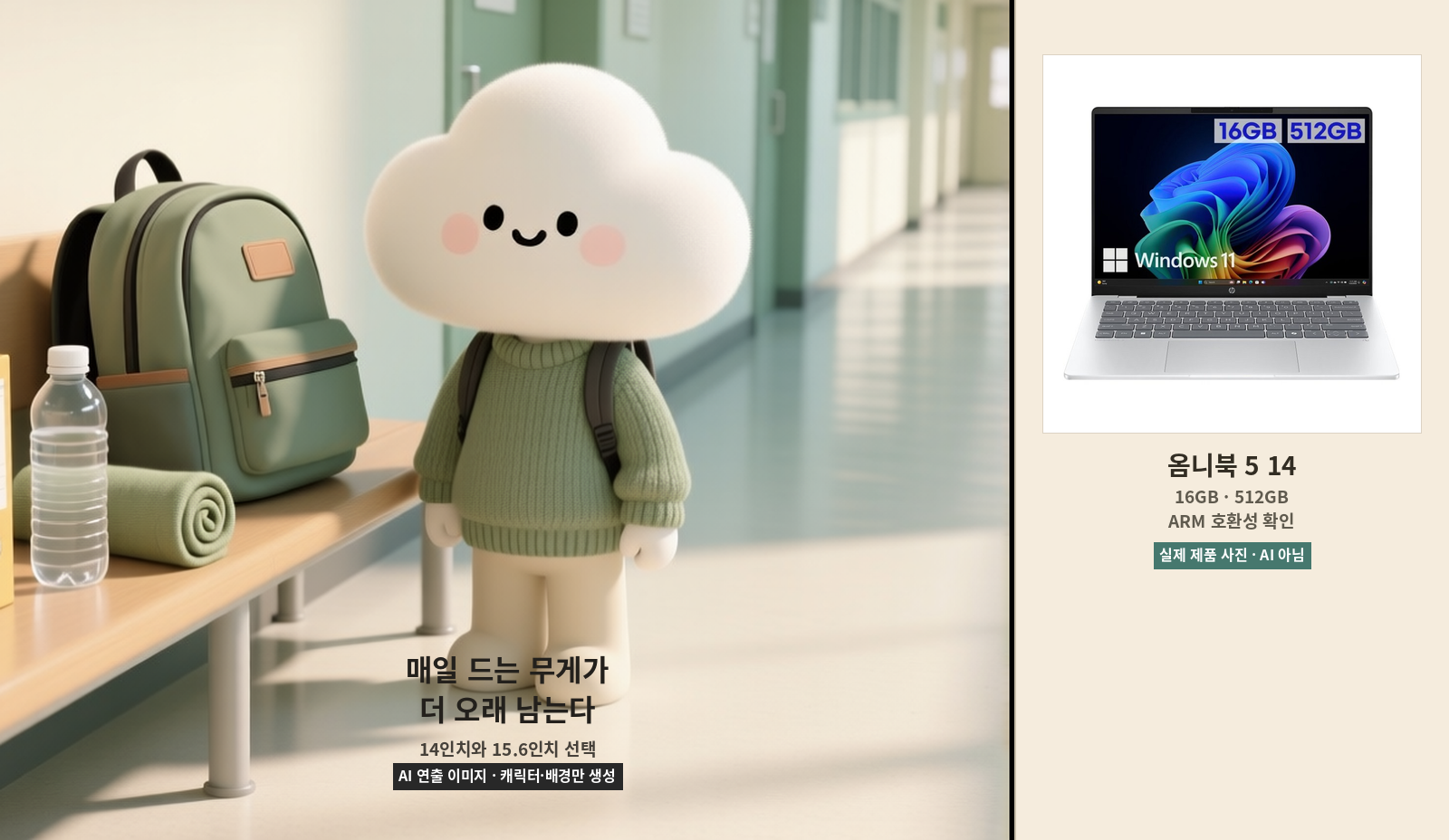 통학용 가방 무게를 고민하는 AI 캐릭터 옆에 HP 옴니북 5 14 실제 제품 사진을 배치한 이미지